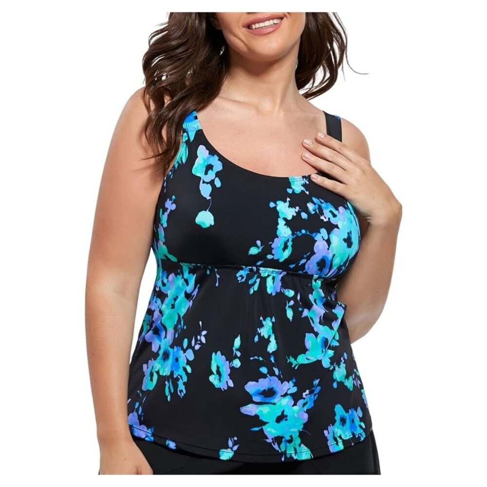 FULLFITALL Nwt Flared Tankini 16 Blue Poppies / Black Flattering Relaxed Fit - Picture 3 of 11